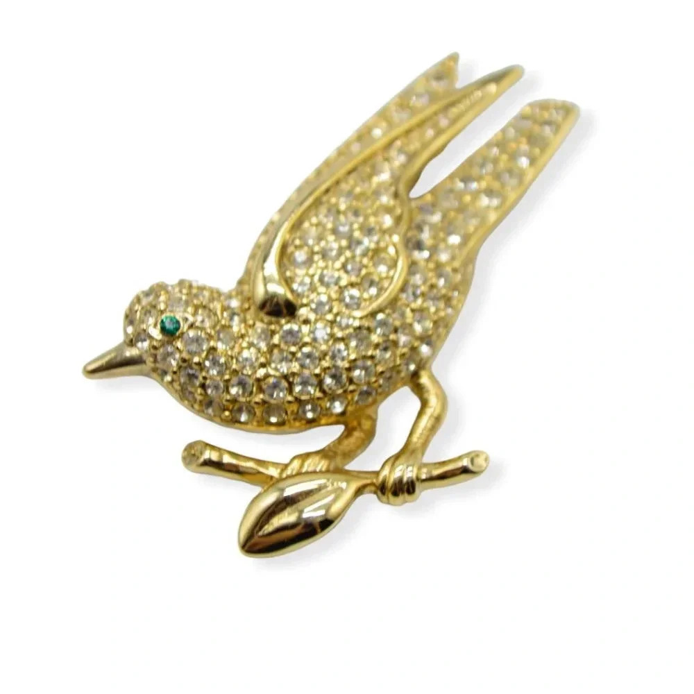 Clear Rhinestone Green Eyed Swallow Bird Gold Tone Vintage Brooch